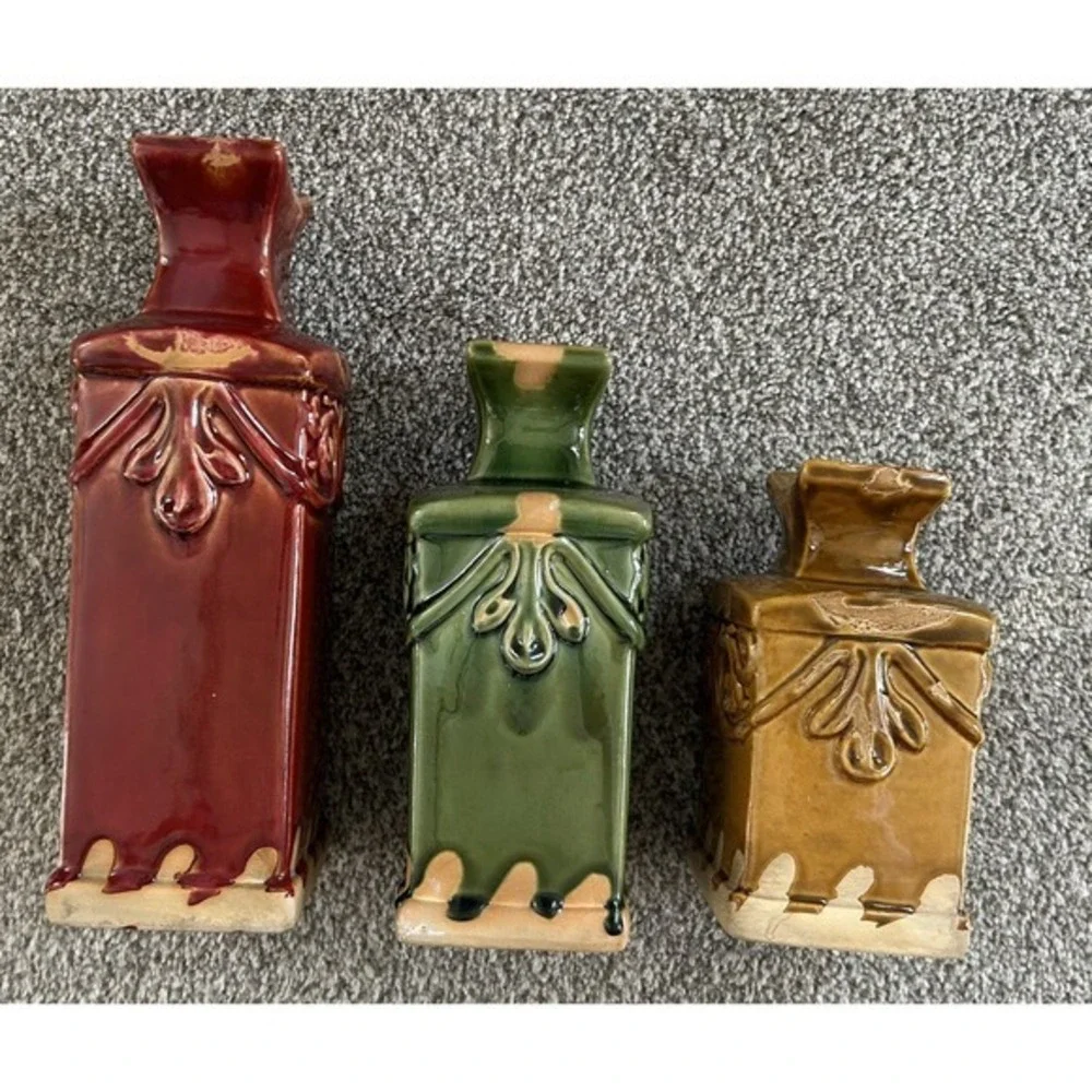 3-PC Decorative Glazed‎ Ceramic Bottle Vases Rectangular Pilar Shape Eccentric